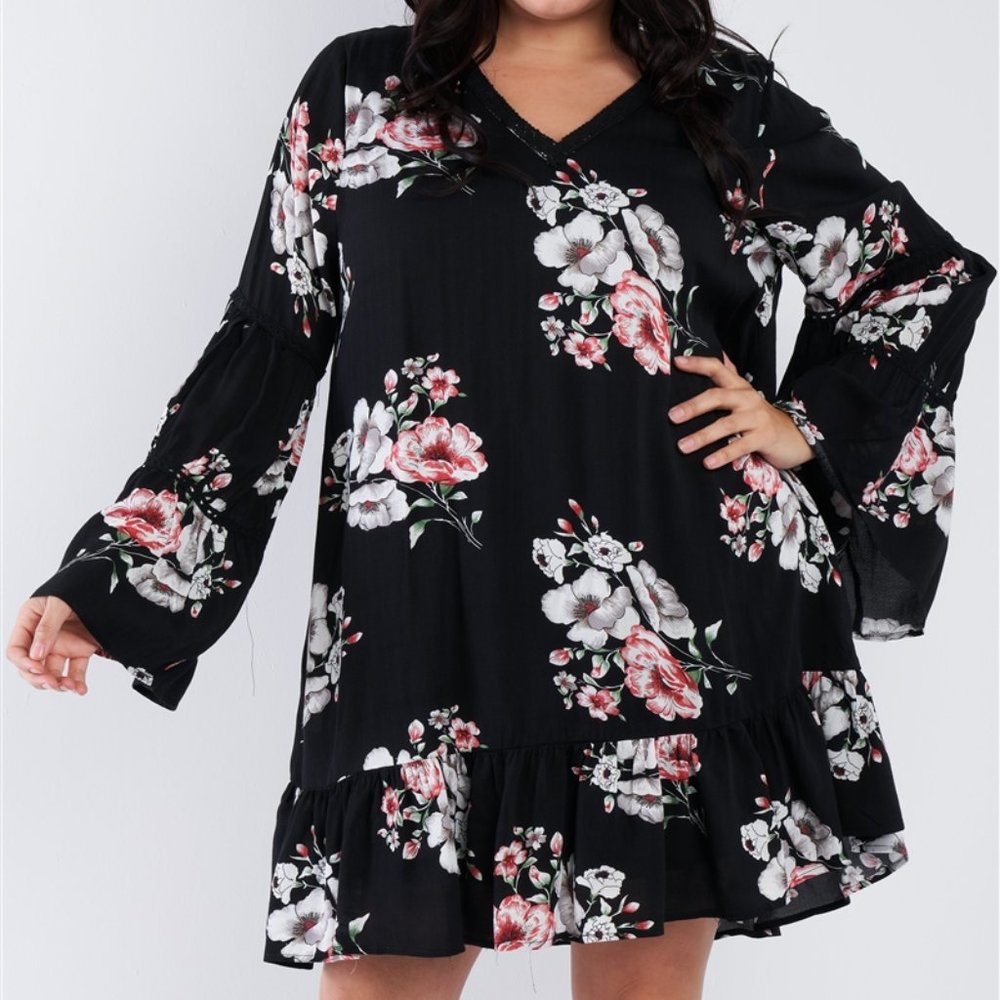 Black floral bell sleeve dress - Picture 5 of 8